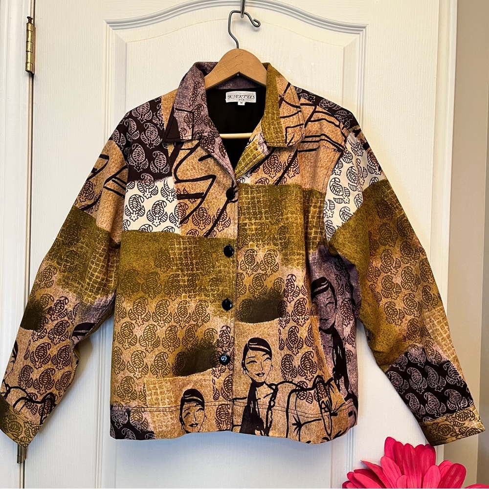 Vintage 90s Kaktus Boho Abstract Face Print Cropped Jacket M